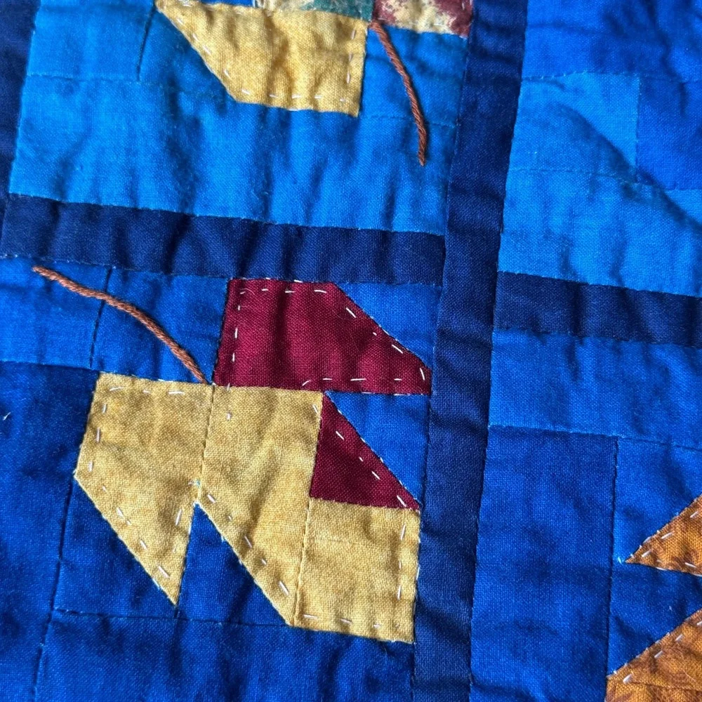 Handmade Quilted Autumn Leaf Wall Hanging Blue Red Fall Patchwork Folk Art Decor